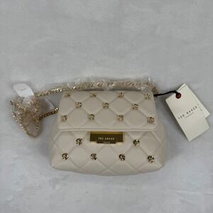 Ted Baker London Quilted Leather Rose Studded Crossbody Bag Ivory Gold New
